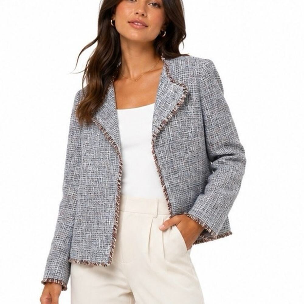 Banana Republic Tweed Open Front Fringe Jacket Blazer Blue White Size 2